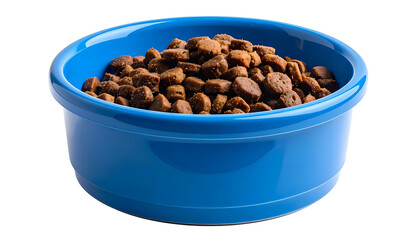 A blue ceramic bowl, filled with dry, brown pet food, against a stark black background