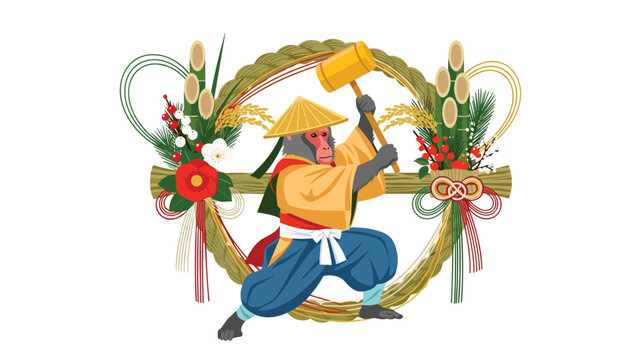 Japanese monkey dressed in traditional samurai attire holding a large golden mallet in front of a celebratory wreath background.