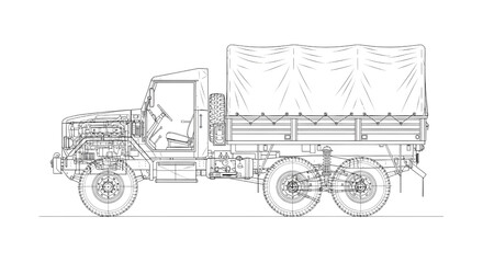 Military Truck AutoCAD Blueprint Vector &ndash; Tactical Army Transport Vehicle Technical Side View Outline
