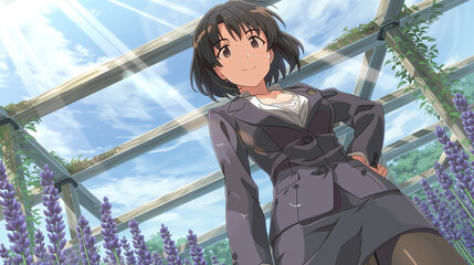 Inspiring Outdoor Business Meeting in a Serene Greenhouse Filled with Lavender, Showcasing Style and Confidence under the Sunlight