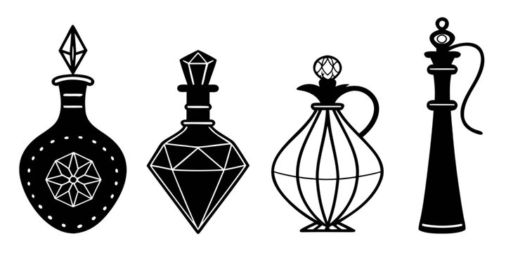 A collection of ornate perfume bottles and decanters in various shapes and designs. Vector