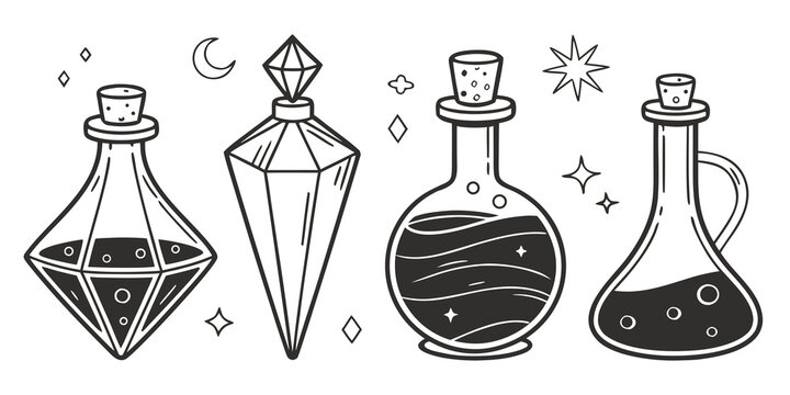 An illustration of five different potion bottles with unique shapes and designs. Vector