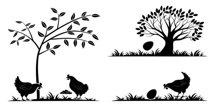 A serene farm scene with two trees, two birds, and two pigs in a peaceful setting Vector
