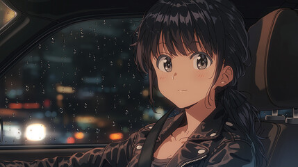 Captivating Animaation of a Young Woman Driving Through a Rainy Night, Radiating Charm and Urban Vibes in a Stylish Car