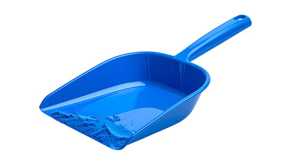 A blue plastic scoop, partially filled with fine blue powder, isolated on black