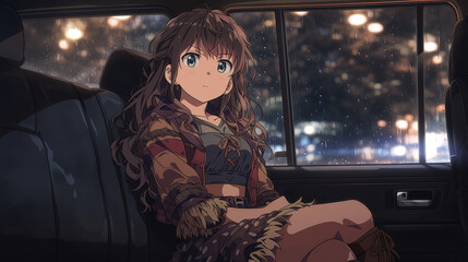 Capturing a Serene Moment: An Anime Character Reflects in a Car During a Rainy Night in the Cityscape