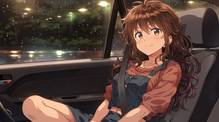 Explore a Serene Night Drive: Captivating Moments Inside a Car with a Young Woman Enjoying the Rainy City Lights