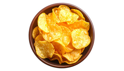 Overhead shot of a brown bowl overflowing with golden, crispy potato chips on black