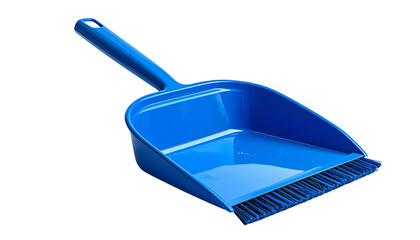 Close-up of a vibrant blue plastic dustpan on a dark background