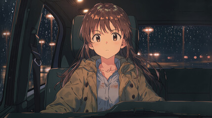 Captivating Anime Portrait of a Girl in a Rainy Night Car Scene Embracing Solitude and Contemplation While Navigating Through Urban Life