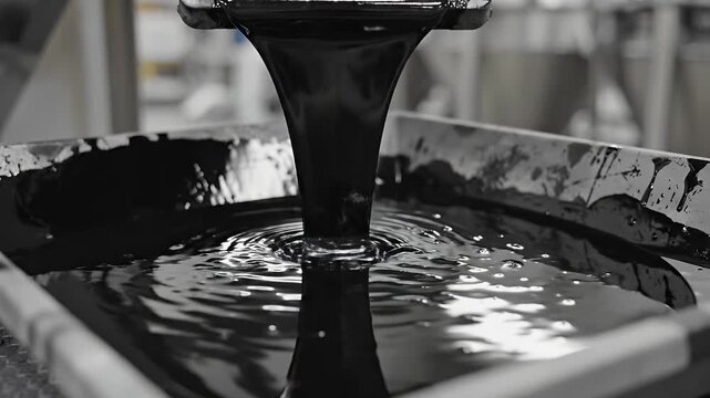 Black Liquid Pouring Into Container Industrial Process Footage