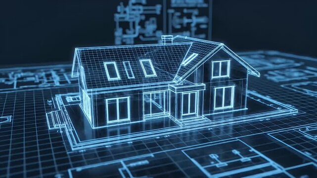 Blue Digital Blueprint House Wireframe on Blueprint Background Motion Graphic