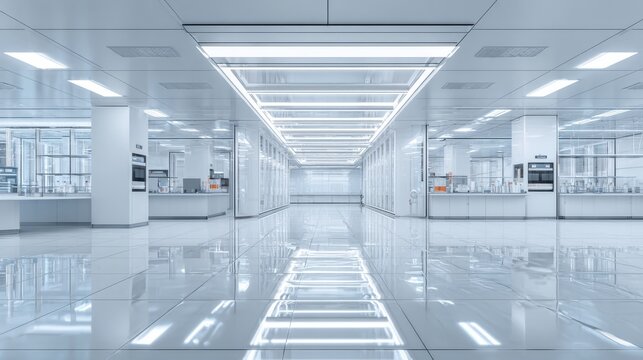 Modern scientific laboratory interior with bright white room, futuristic technology equipment, and clean research environment for science and technology concepts