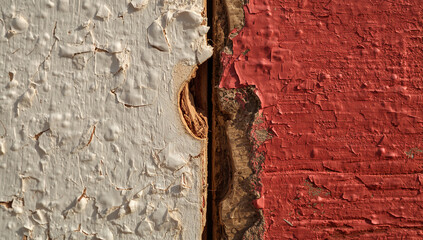 Naklejka premium 異なる剥げ方が並ぶ木ドア塗装の多層色を対比で捉えた接写