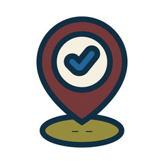 A stylized map pin icon with a blue checkmark inside a white circle.