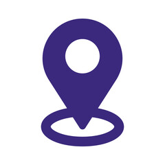 A purple location pin icon on a white background with a shadow effect.