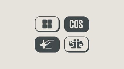 A set of four black and white icons on a beige background representing various concepts and services