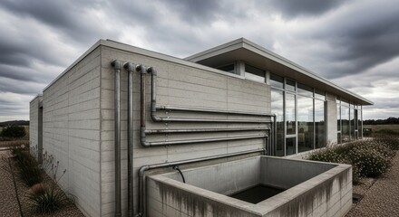Fototapeta premium Modern Minimalist Building Exterior with Cloudy Sky.