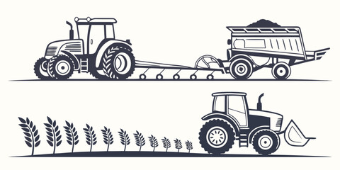 Agricultural machinery including tractors and planters working in a field Vector