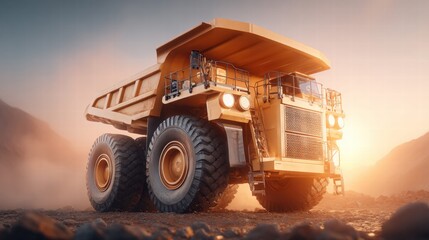 Obraz premium A giant yellow mining truck stands proudly in a dusty landscape, illuminated by a bright, warm sun.