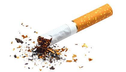 A partially smoked cigarette lying on a dark surface with ashes scattered around it