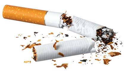 A broken cigarette, with tobacco spilling out, resting against a black backdrop