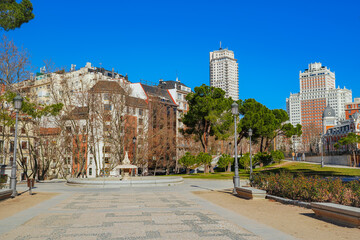 View of the Spain Square also known as Plaza de Espana in Spanish, which is a large square and popular tourist destination located in central Madrid, Spain.
