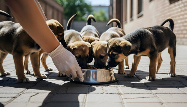 Gloved hands placing bowl of dog food on pavement for small stray puppies