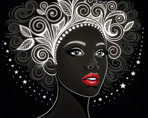 Black and white image of a woman with red lips, beauty salon, hairstyle