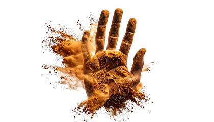 Hand shape made of sand dissipating on black background, showcasing detail