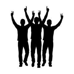 Silhouette of three men celebrating with raised arms and peace signs.