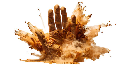 Hand reaching out from burst of sandy powder against black background