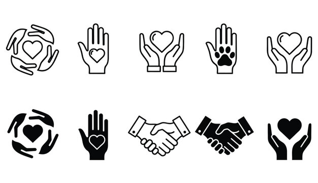  Charity hands icon set. Donation and aid symbol.  Friendship logo