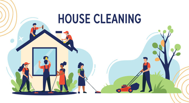 Professional house cleaning and landscaping team working together on a home exterior and mowing the green lawn.