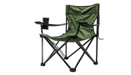 Olive-green folding chair with cup holder, set against a black background