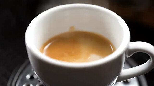 Close Up of Espresso Shot Being Poured into a Small White Mug on a Metal Espresso Machine Surface