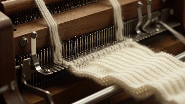 Close-up of Knitting Machine in Operation with Wooden Frame and Cream-Colored Wool in Warm Lighting