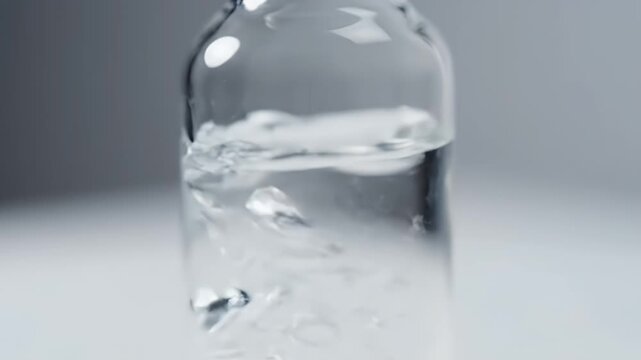Close Up Of Transparent Liquid With Bubbles Inside A Clear Glass Vial Against White and Grey