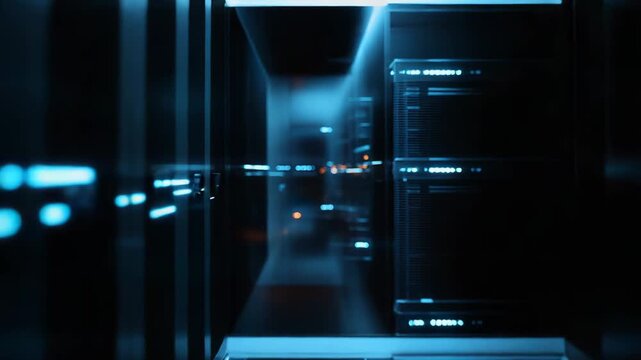Server racks with glowing blue lights creating a futuristic visual of interconnected computer systems, symbolizing advanced technology and global data processing infrastructure