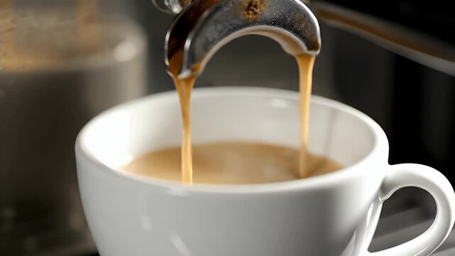Close-up Shot of Coffee Pouring into White Ceramic Cup From Espresso Machine, Preparing a Warm