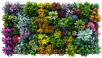 Overhead view of a dense, vibrant garden filled with diverse colorful plants and flowers