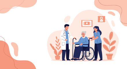 Professional doctor and nurse provide care for a senior man in a wheelchair in a medical facility or nursing home.