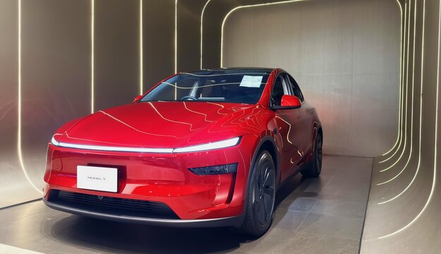 BANGKOK ,THAILAND , February 25, 2026 : Tesla model Y Futuristic car, display in showroom at siam paragon department store