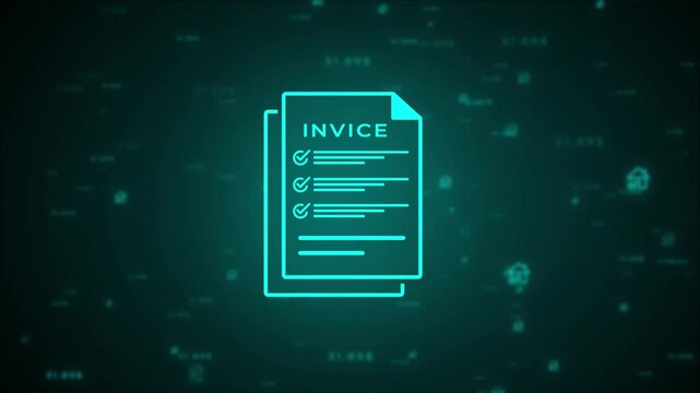 A single glowing cyan line of an invoice document with a checklist and the word INVICE prominently displayed, set against a dark teal abstract background filled with scattered financial data