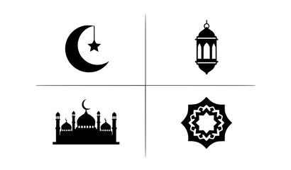 Black Islamic Icons Collection Crescent Moon Mosque and Lantern Vector Set