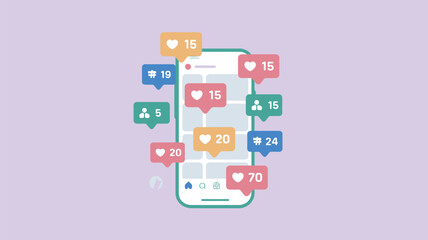 Fototapeta premium A smartphone with social media notifications and likes on a purple background