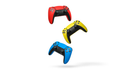 Wireless gaming controllers flying in air isolated on white background, symbolizing gaming technology concept