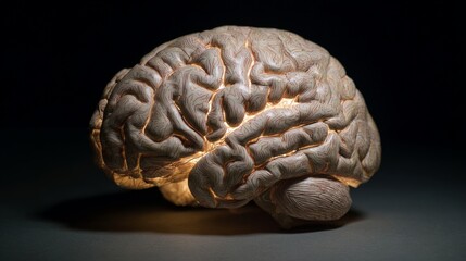 Obraz premium Small, detailed 3d model of human brain illuminated with soft light on dark background, medical and scientific concept, anatomy study, neurology visualization