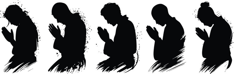 Kneeling Figures in Worship with Artistic Splatter, Spiritual Devotion and Prayer Silhouette Pack, vector, illustration, silhouette.