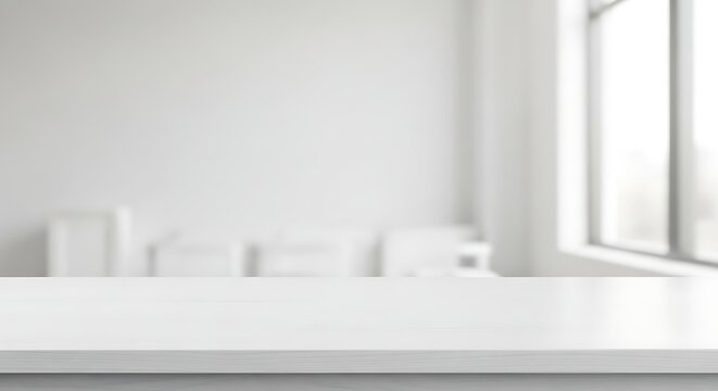 Empty white desk in front of a large window with a blurred background of office furniture, perfect for product placement or workspace mockups